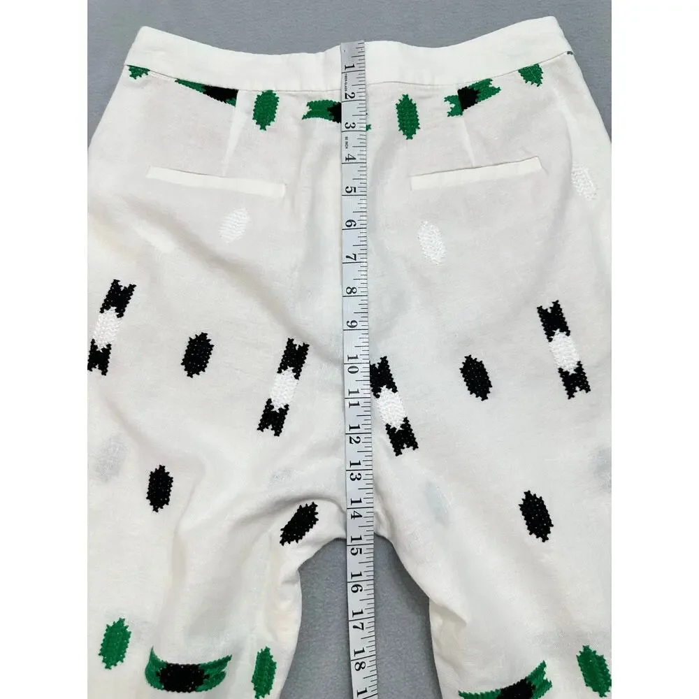 Zara Embroidered Linen Blend Geometric Pants White Green Black M